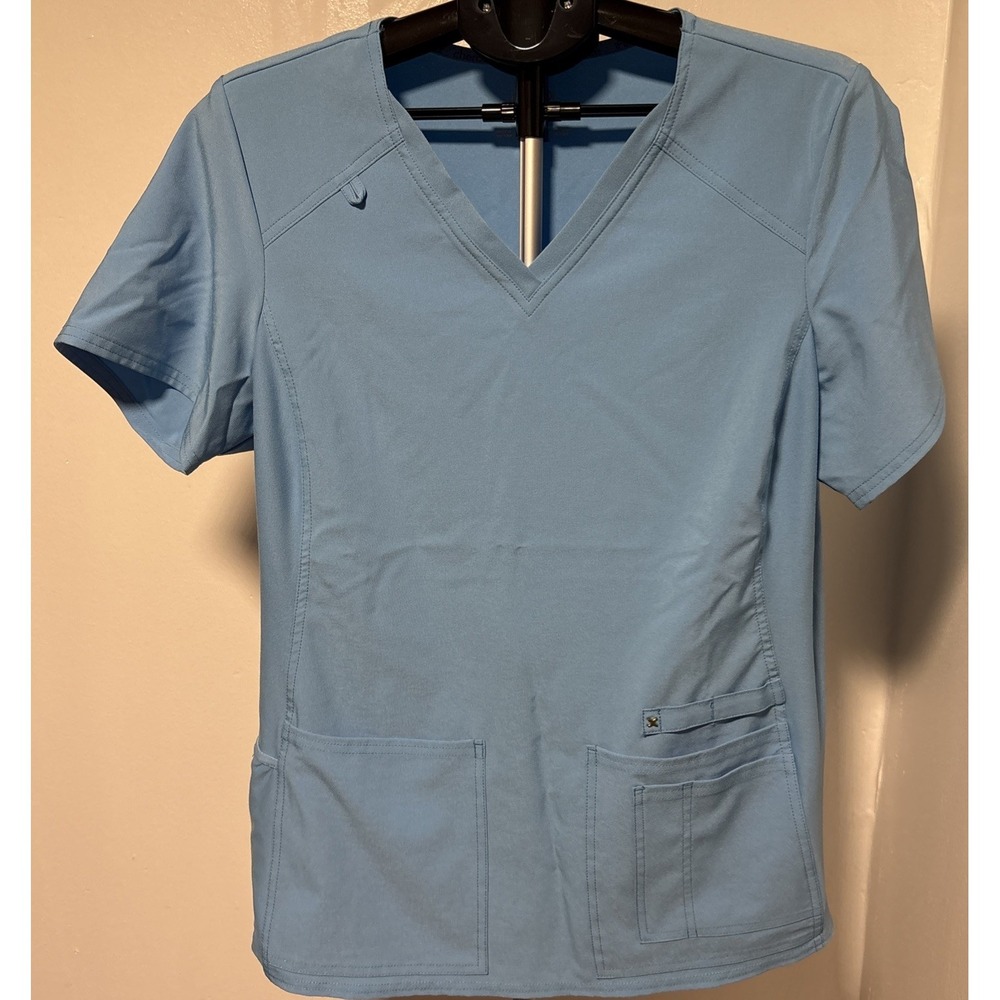 Cherokee iFlex Women's Light Blue Solid V-Neck Scrub Top Size L Polyester Blend